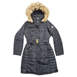 ROCAWEAR Jacket Womens Large Black Puffer Parka Hooded Faux Fur Trim Outdoor Y2K